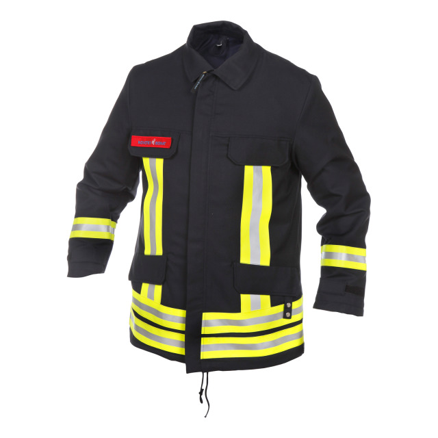 Feuerwehrjacke NOVOTEX HuPF Teil 3, DIN EN ISO 11612. 100% Baumwolle FR, schwarzblau, mit Reflexstreifen, Ausführung RLP, PSA II